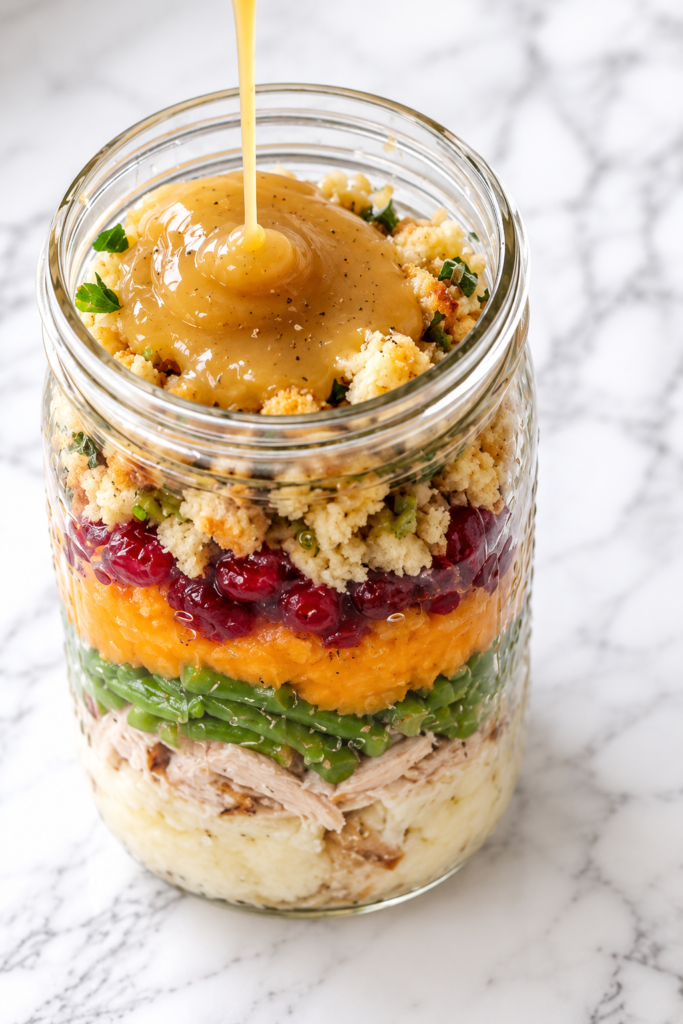 Homemade turkey gravy being poured over stuffing in a Mason jar layered with Thanksgiving leftovers, including turkey, mashed potatoes, green beans, sweet potatoes, and cranberry sauce.