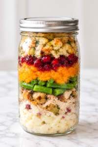 Glass Mason jar layered with Thanksgiving leftovers including mashed potatoes, turkey, green beans, sweet potatoes, cranberry sauce, and stuffing.