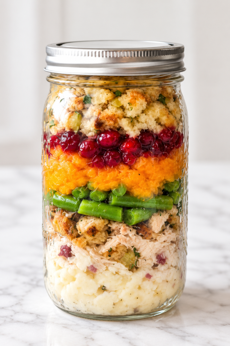 Glass Mason jar layered with Thanksgiving leftovers including mashed potatoes, turkey, green beans, sweet potatoes, cranberry sauce, and stuffing.