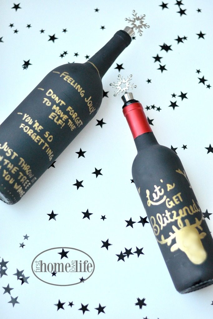 painted wine bottles - a great last minute DIY gift idea for the holidays via firsthomelovelife.com