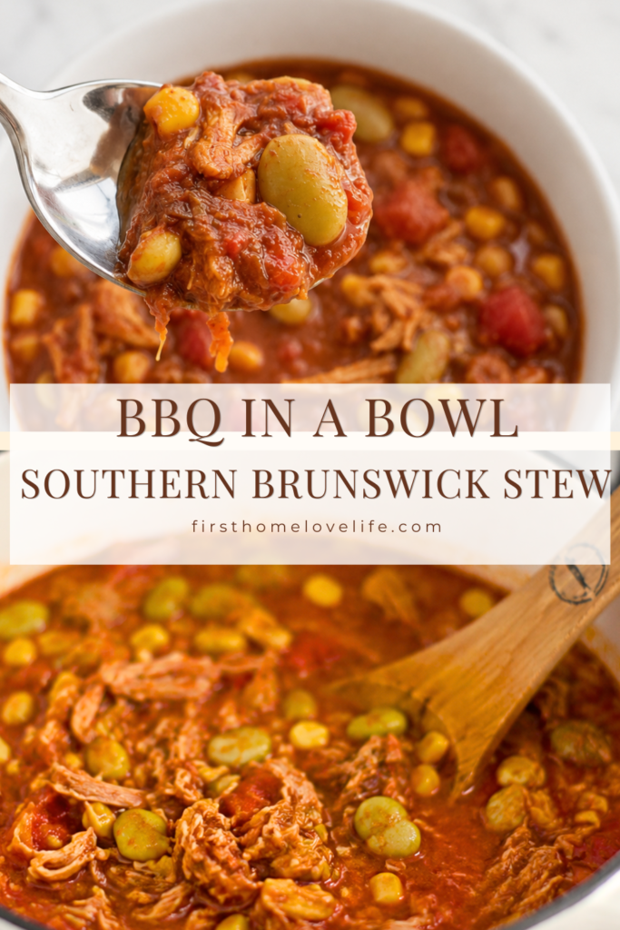 Spoonful of chunky Southern Brunswick stew with pulled pork, chicken, corn, and lima beans over a white bowl with a Dutch oven of stew in the background.