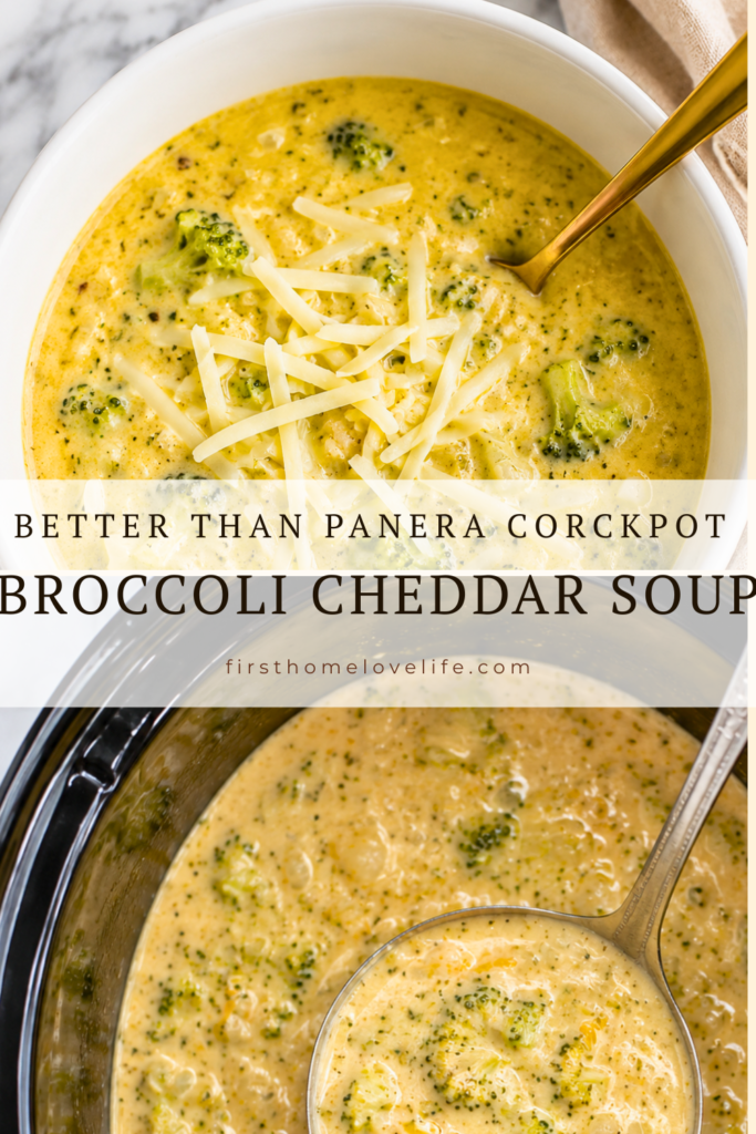Pinterest graphic for Better Than Panera Crockpot Broccoli Cheddar Soup featuring creamy broccoli cheddar soup in a white bowl and a slow cooker filled with homemade soup.