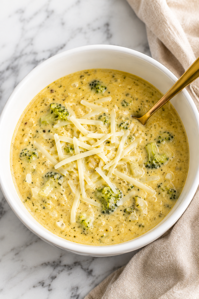 Creamy Better Than Panera Crockpot Broccoli Cheddar Soup in a white bowl topped with shredded white cheddar cheese and served with a gold spoon on a marble countertop.