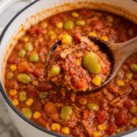 Chunky Southern Brunswick stew with pulled pork, chicken, corn, and lima beans in a white enamel Dutch oven on a marble countertop.