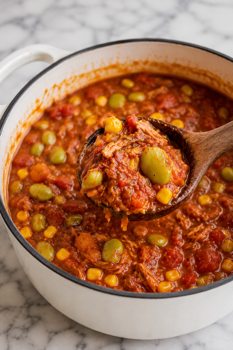Chunky Southern Brunswick stew with pulled pork, chicken, corn, and lima beans in a white enamel Dutch oven on a marble countertop.