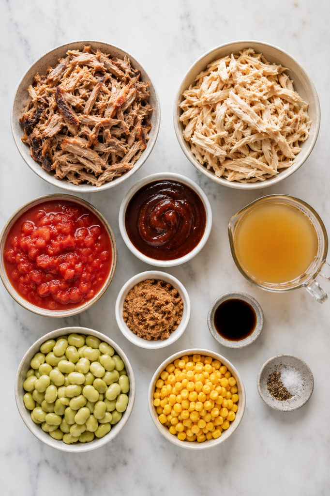 Flat lay of Brunswick stew ingredients including pulled pork, shredded chicken, corn, lima beans, barbecue sauce, tomatoes, chicken broth, brown sugar, and Worcestershire sauce on a marble countertop.