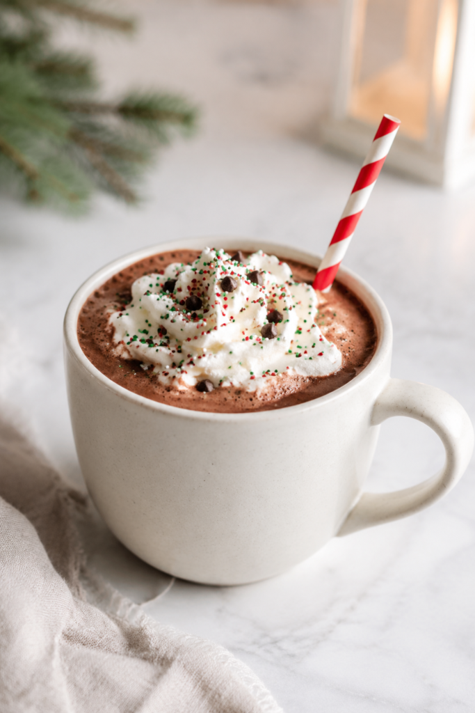 Creamy homemade Christmas hot cocoa topped with whipped cream, chocolate chips, and festive red and green sprinkles in a white mug.