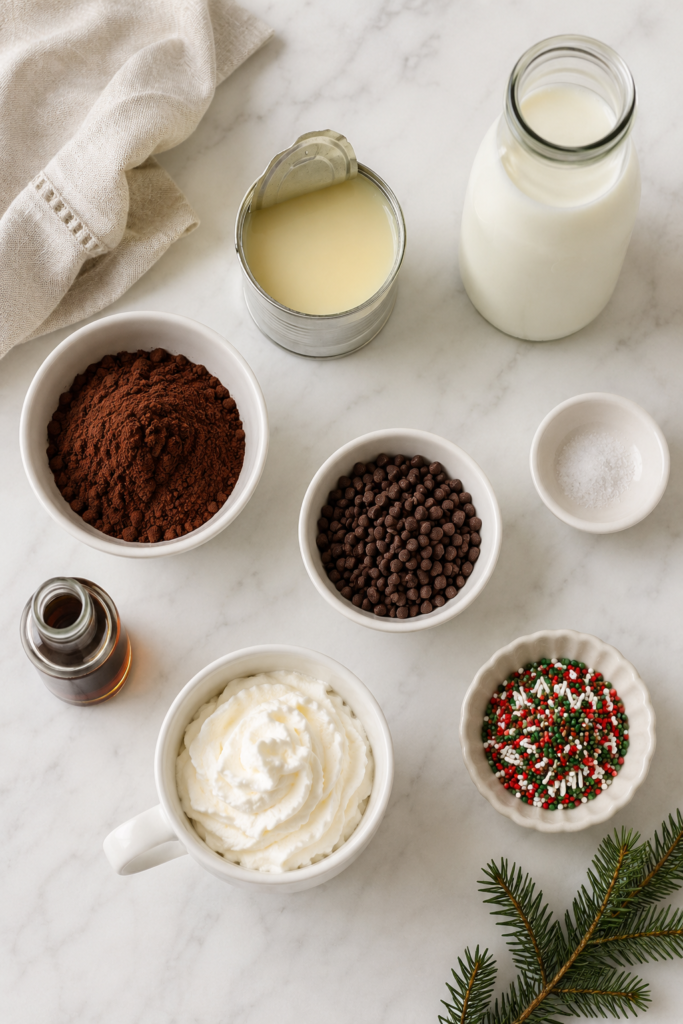 Bird’s-eye flat lay of ingredients for creamy Christmas hot cocoa, including cocoa powder, sweetened condensed milk, whole milk, mini chocolate chips, vanilla, whipped cream, and festive sprinkles.