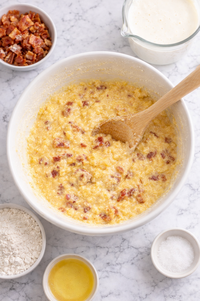 Cornmeal bacon pancake batter being mixed in a white bowl with a wooden spoon on a marble countertop.