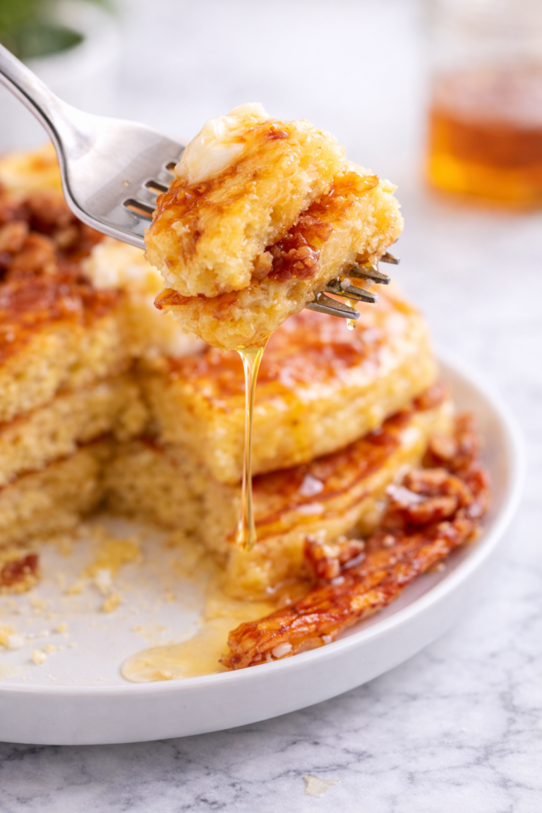 Bite of cornmeal bacon pancake on a fork with melted honey butter dripping down.