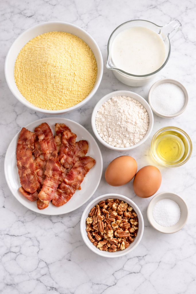 Simple flat lay of ingredients for cornmeal bacon pancakes including cornmeal, flour, eggs, buttermilk, bacon, oil, sugar, and pecans on a marble countertop.