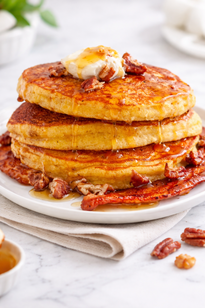 Light and fluffy cornmeal bacon pancakes stacked on a white plate with melted butter and honey dripping down, styled on a marble countertop.