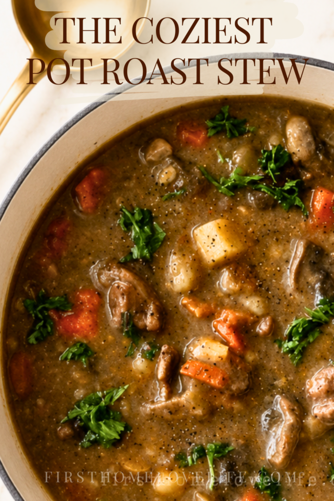 Pinterest pin featuring creamy pot roast stew with beef, potatoes, carrots and mushrooms in a white Dutch oven with the text The Coziest Pot Roast Stew.