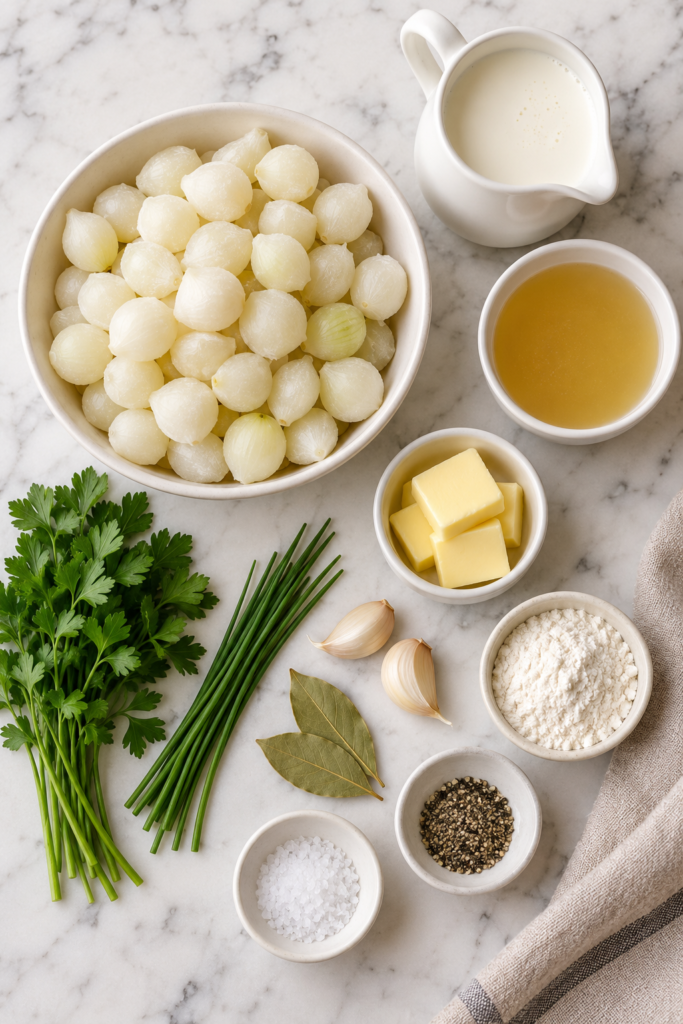 Flat lay of ingredients for creamed pearl onions including pearl onions, cream, broth, butter, garlic, fresh herbs, flour, and seasonings