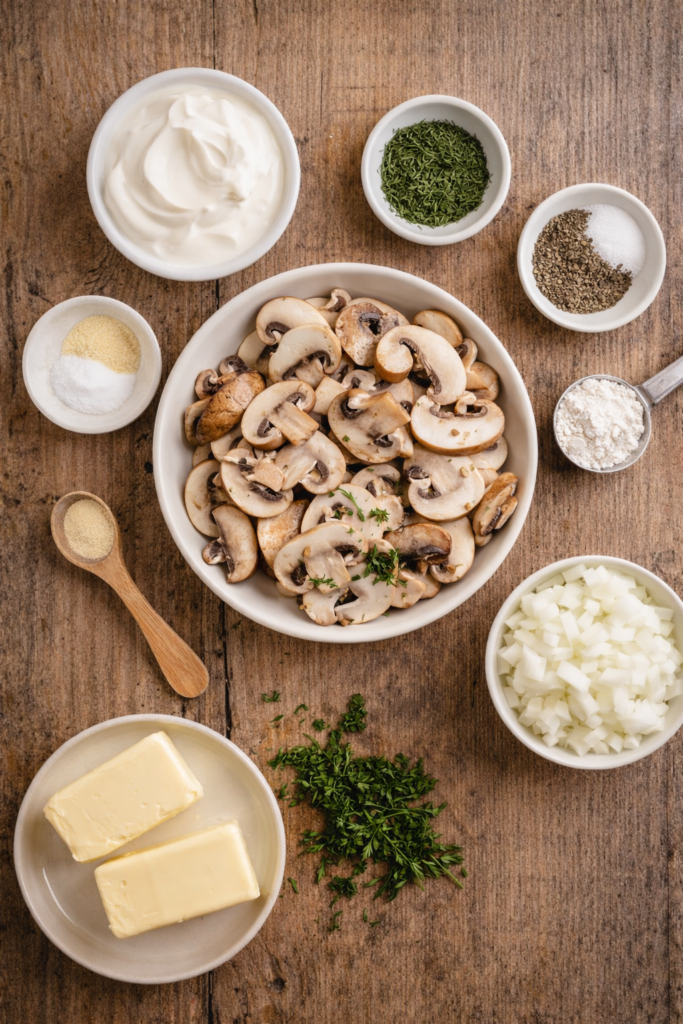 Flat lay of ingredients for creamy mushrooms in sour cream including sliced mushrooms, butter, onion, sour cream, dill, garlic powder, flour, salt, and pepper