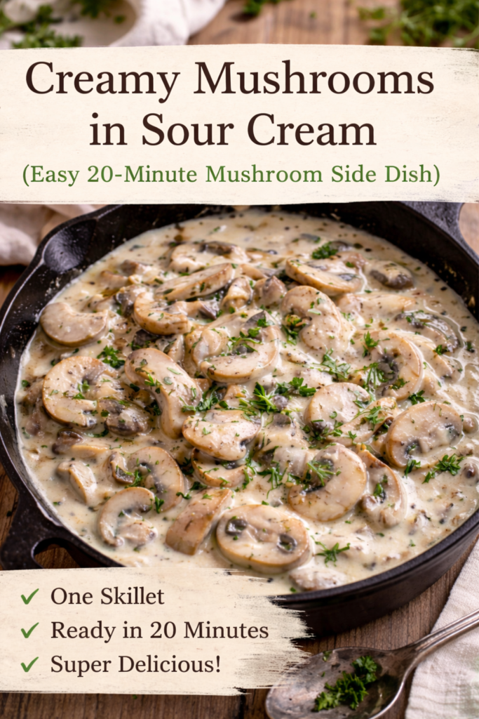 Creamy mushrooms in sour cream sauce cooked in a cast iron skillet, easy 20-minute mushroom side dish recipe