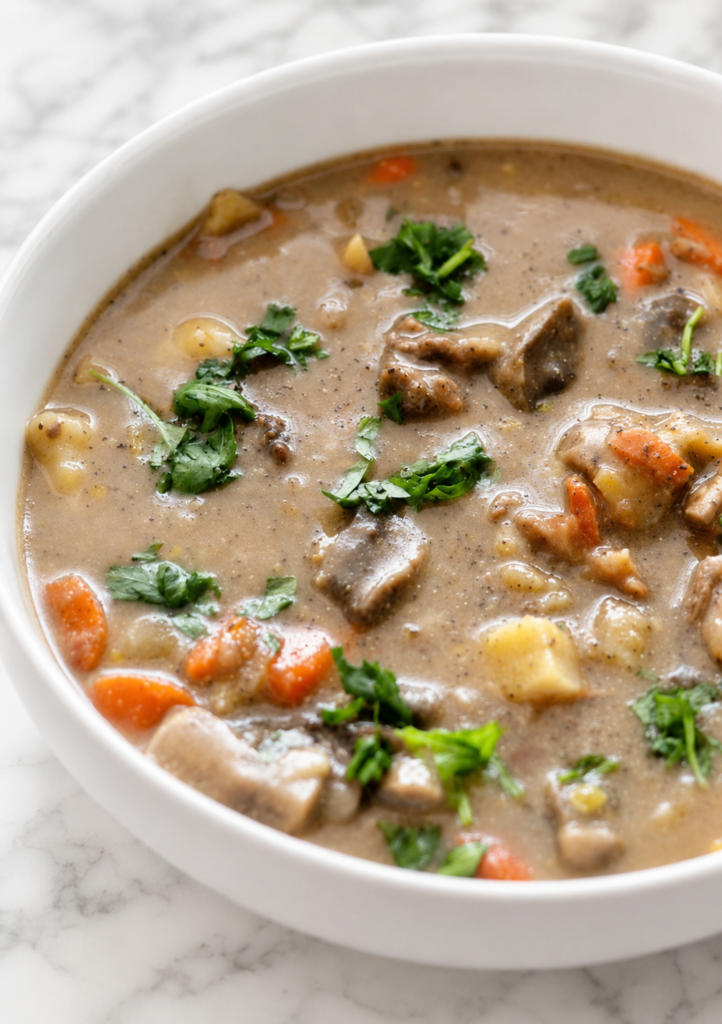 Close-up of creamy pot roast stew with tender beef, potatoes, carrots and mushrooms in a white bowl.