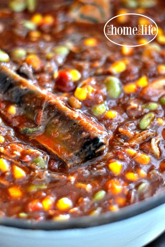 Brunswick Stew | BBQ in a bowl is the perfect way to use up leftover bbq ribs, pork and chicken! Get this incredibly easy stew recipe via firsthomelovelife.com