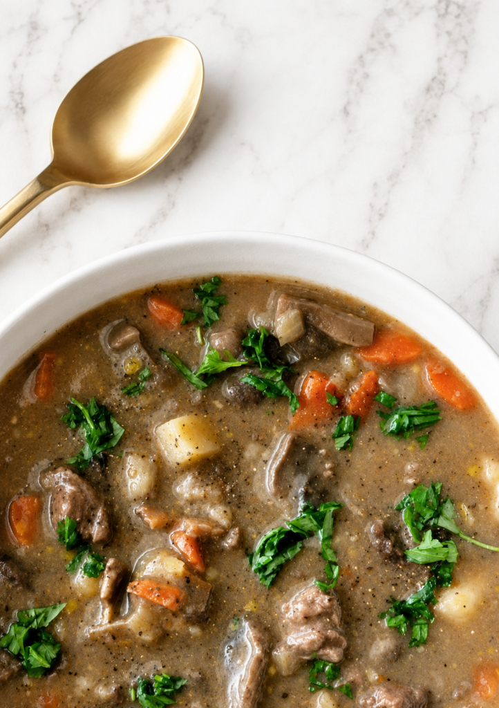 Overhead view of creamy pot roast stew with tender beef, potatoes, carrots and mushrooms beside a gold spoon.