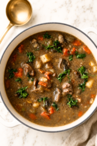 Easy pot roast stew with tender beef, potatoes, carrots and mushrooms in a white Dutch oven with a gold ladle.