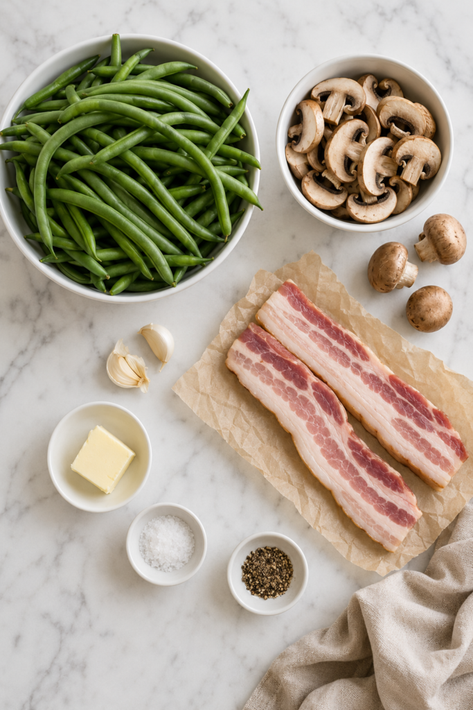 Ingredients for green beans with bacon and mushrooms, including fresh green beans, mushrooms, bacon, garlic, butter, salt, and pepper.
