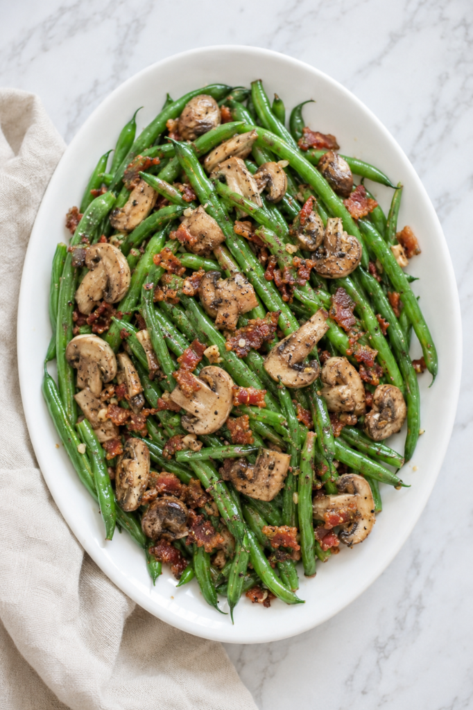 Green beans with bacon and mushrooms served on a white platter with garlic, butter, and cracked black pepper.