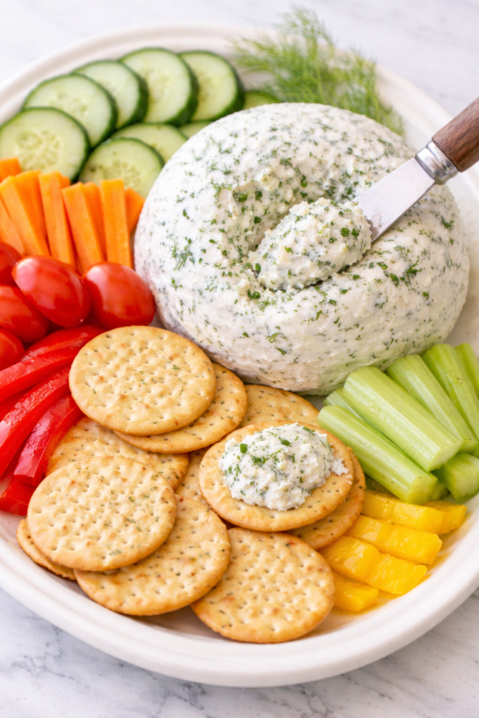 Homemade Boursin cheese ball on a white platter with a cheese spreader scooping cheese onto a cracker, surrounded by cucumbers, tomatoes, carrots, celery, and bell peppers