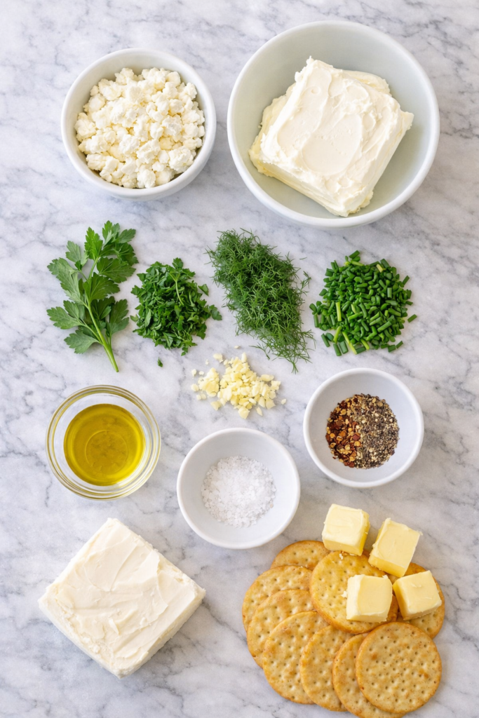 ingredients for homemade Boursin cheese including cream cheese, goat cheese, butter, garlic, fresh herbs, olive oil, salt, pepper, and crackers