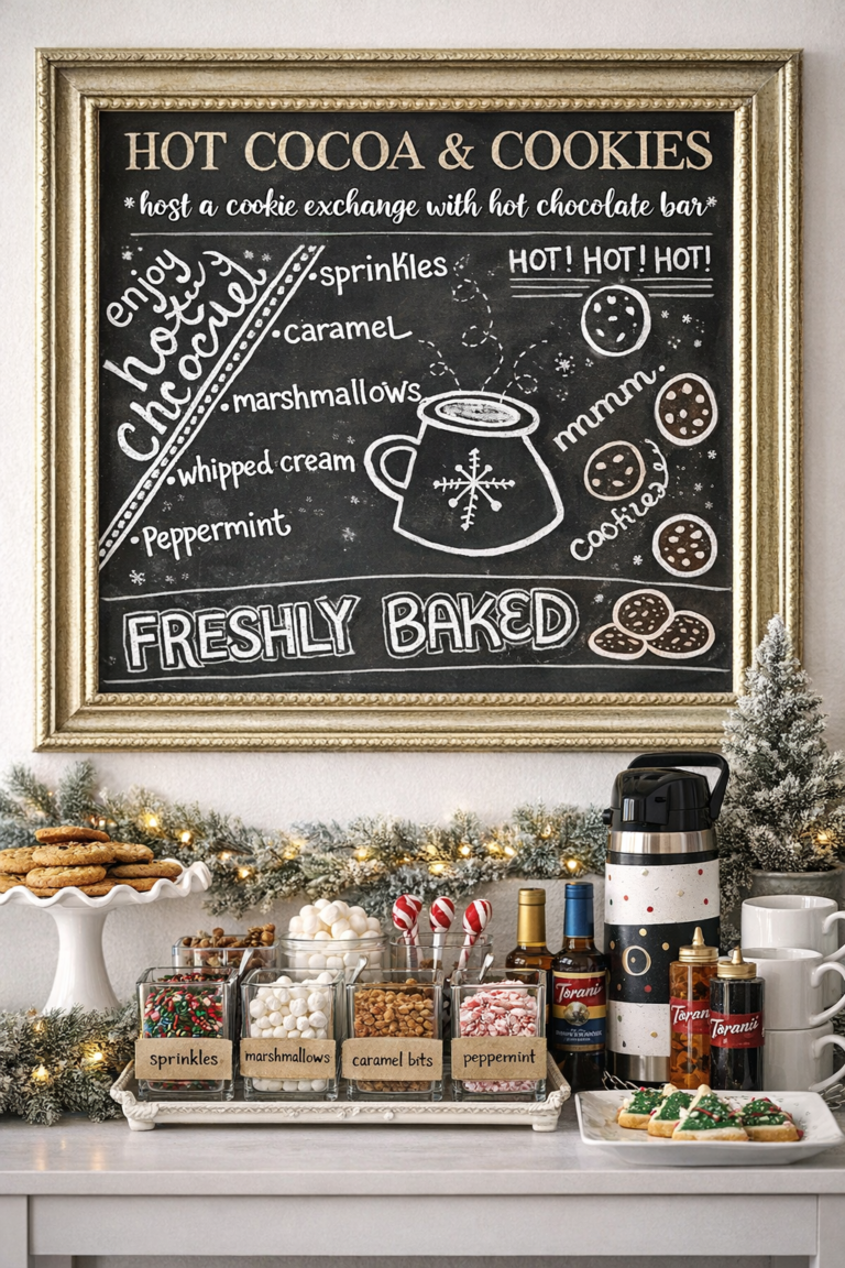 Festive hot chocolate bar set up for a holiday cookie exchange with cocoa toppings, cookies, mugs, and a chalkboard sign.