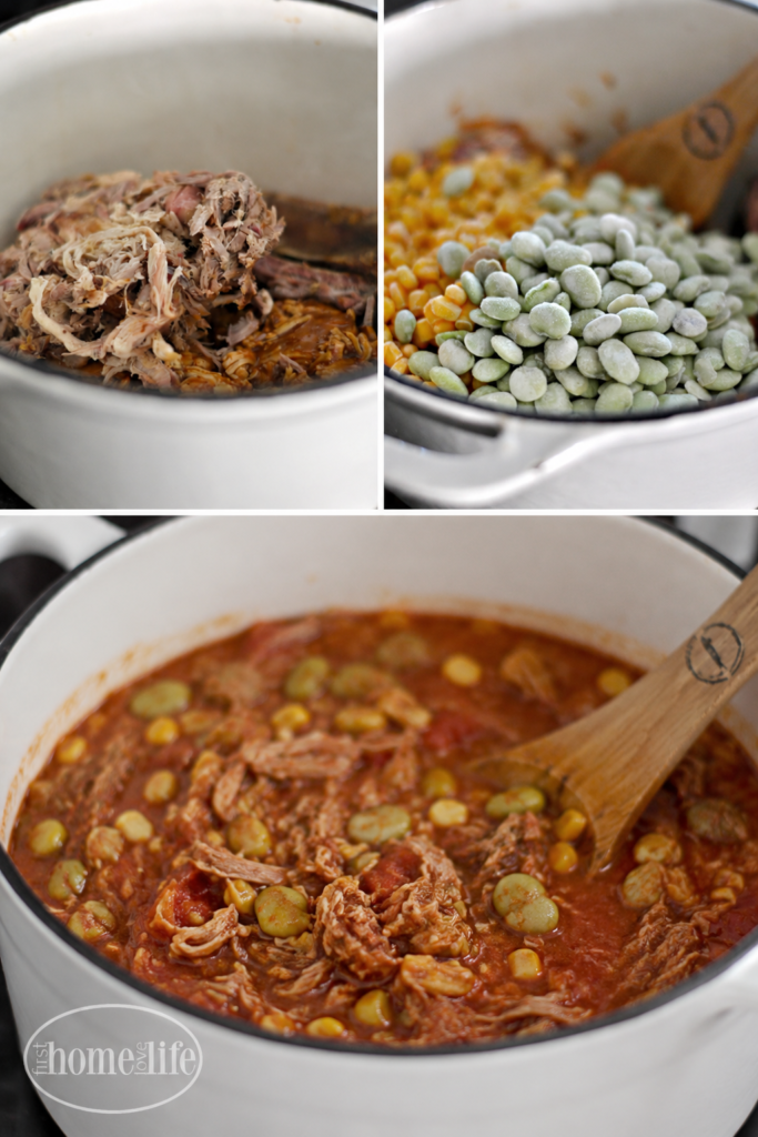Step-by-step collage showing pulled pork, lima beans and corn being added to a Dutch oven and simmered into homemade Southern Brunswick stew.