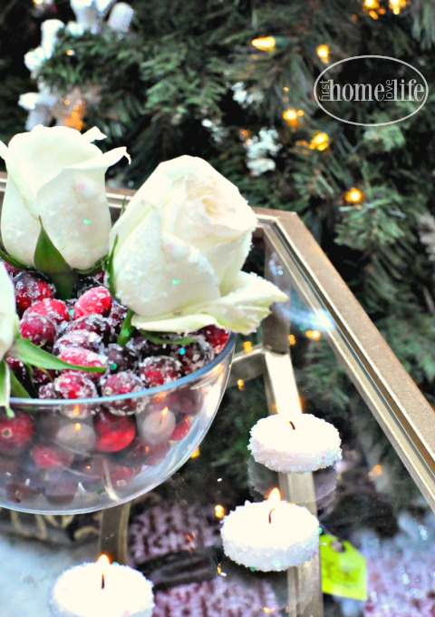how to add faux snow onto your holiday decor- epson salt snow with glitter via firsthomelovelife.com