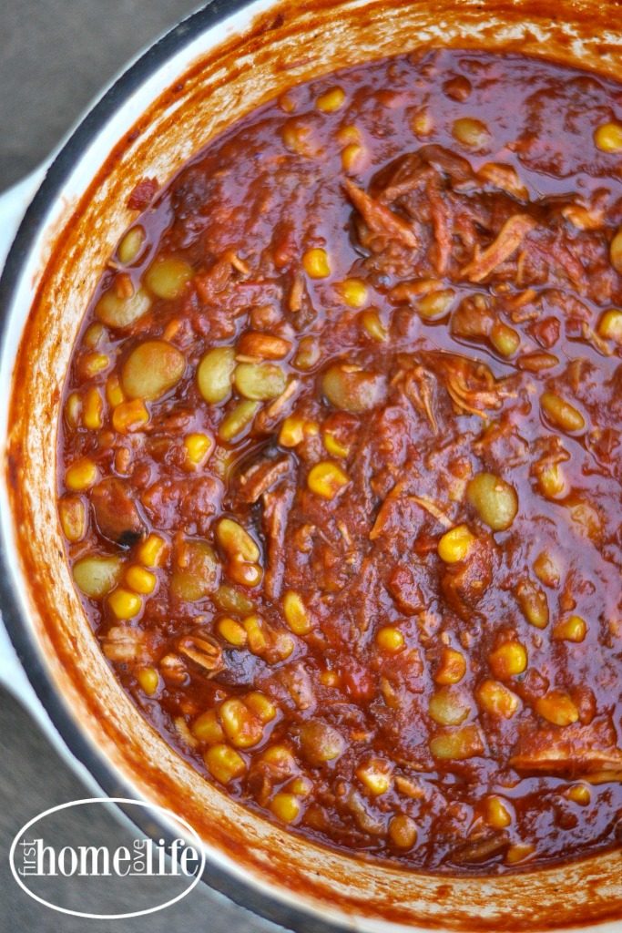 Brunswick Stew BBQ in a bowl is the perfect way to use up leftover bbq ribs, pork and chicken! Get this incredibly easy stew recipe via firsthomelovelife.com