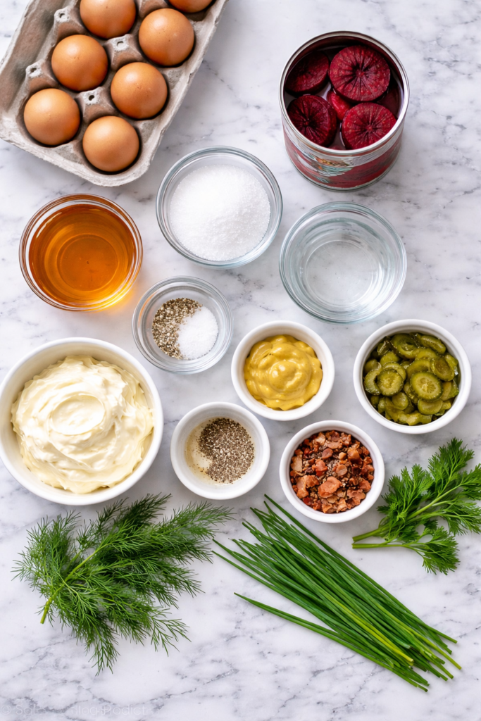 Flat lay of ingredients for pickled beet deviled eggs on a marble counter including eggs, beets, mayonnaise, mustard, and vinegar