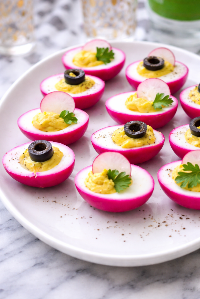 Close-up of pickled beet deviled eggs with pink edges on a white platter over a marble counter