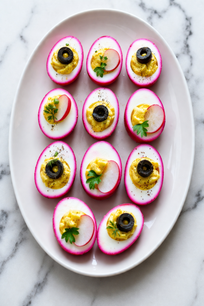 Pickled beet deviled eggs with bright pink edges on a white platter over a marble counter
