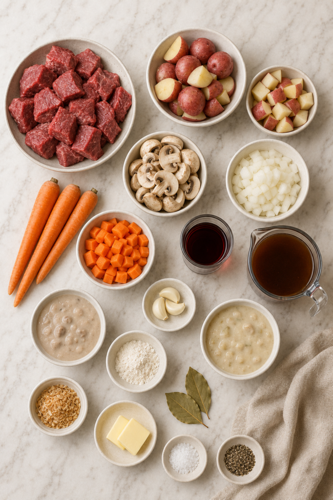Pot roast stew ingredients including beef, red potatoes, carrots, mushrooms, onion, garlic, broth, red wine and seasonings.