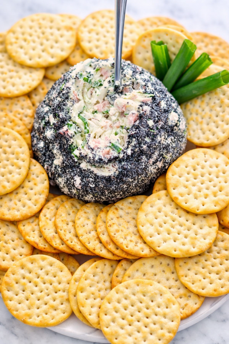 Smokey ham crack dip cheese ball coated in poppy seeds and surrounded by buttery round crackers