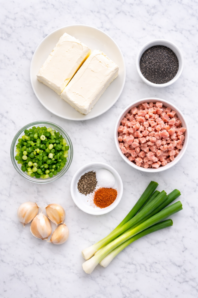 ingredients for Smokey Ham Crack Dip including cream cheese, chopped ham, scallions, garlic, poppy seeds, cayenne, salt, and pepper