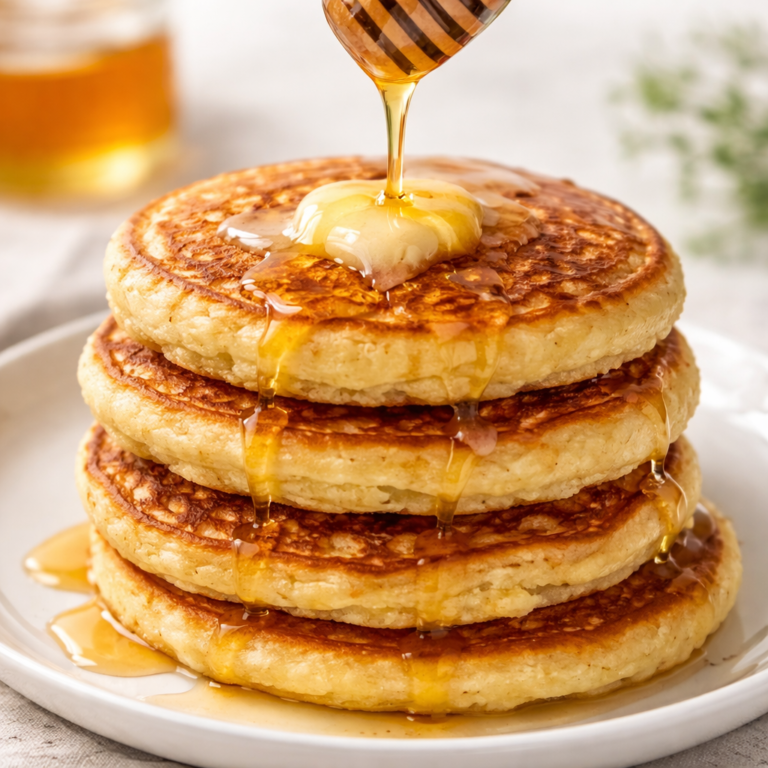 Stack of homemade Southern hoecakes drizzled with melted butter and honey on a white plate