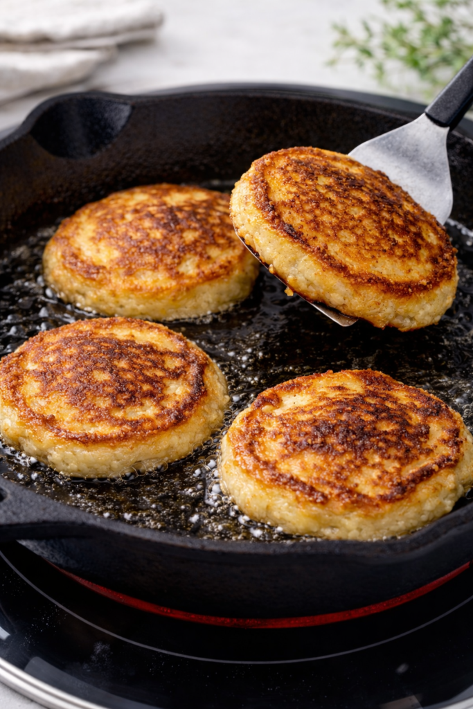 Homemade Southern hoe cakes frying in a cast iron skillet on a glass top stove