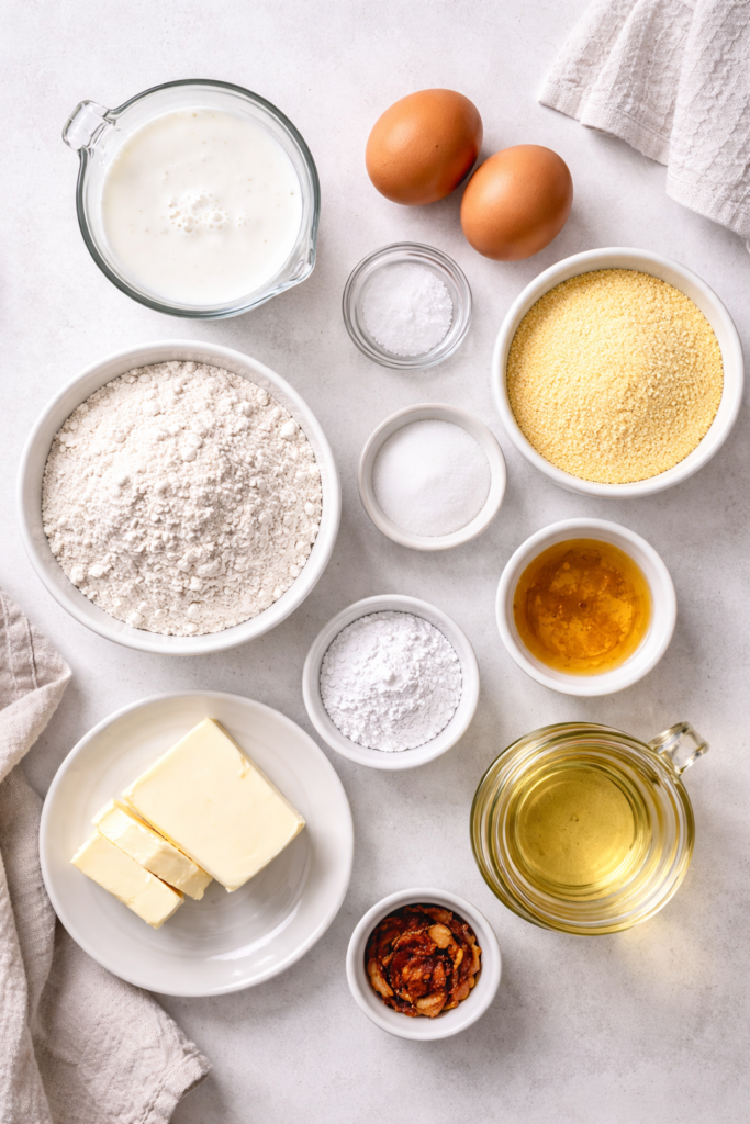 Flat lay of ingredients for Southern hoe cakes including cornmeal, flour, eggs, buttermilk, butter, and oil