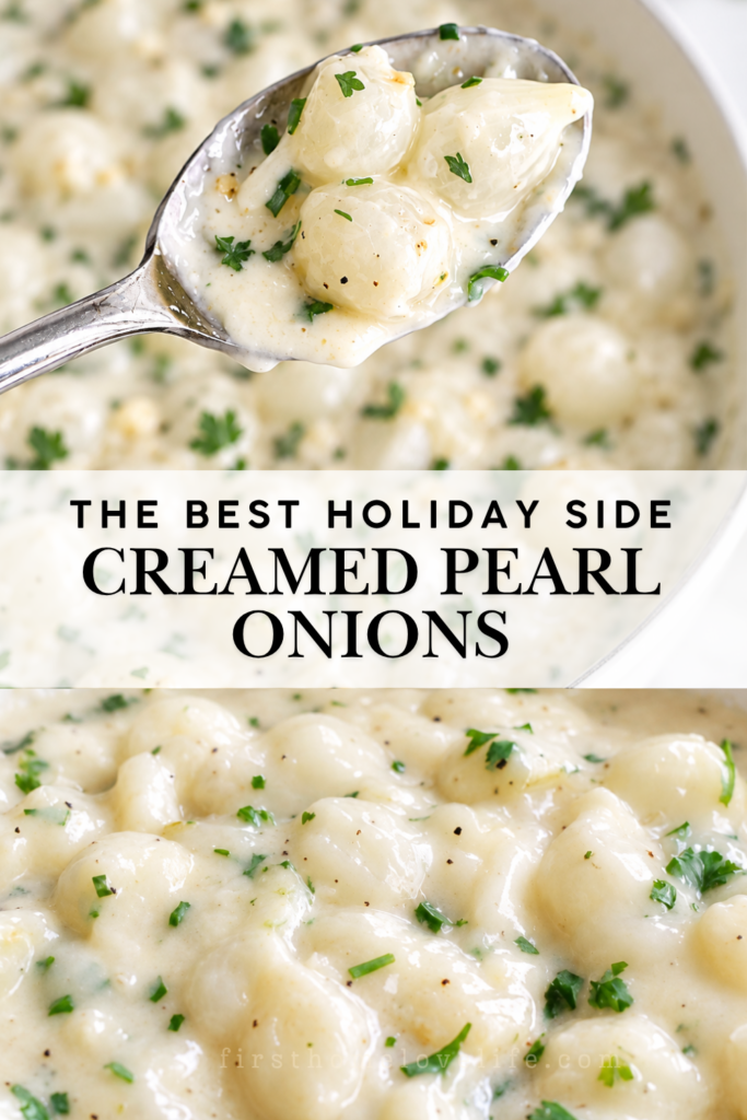 Pinterest graphic showing creamed pearl onions in garlic-herb sauce with a spoonful and close-up serving dish