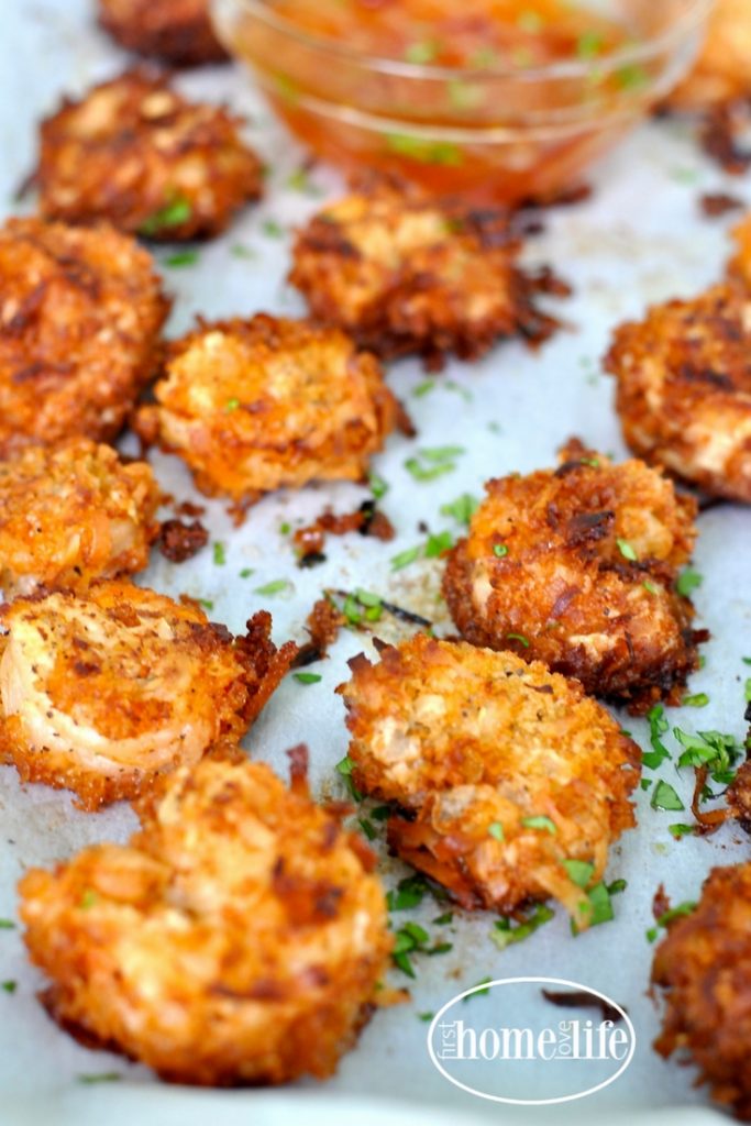 Coconut fried shrimp recipe with the perfect sweet and spicy chili apricot dipping sauce via firsthomelovelife.com