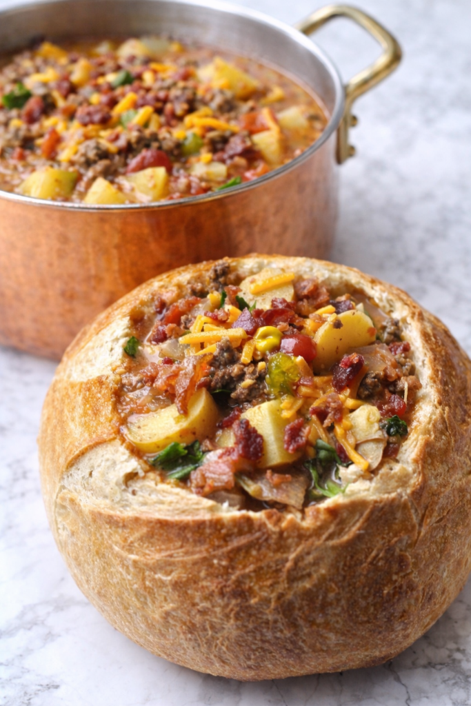 Bacon cheeseburger soup served in a bread bowl with a copper pot of soup in the background