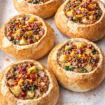 Bacon cheeseburger soup served in homemade bread bowls on a baking sheet, topped with cheddar cheese and crispy bacon