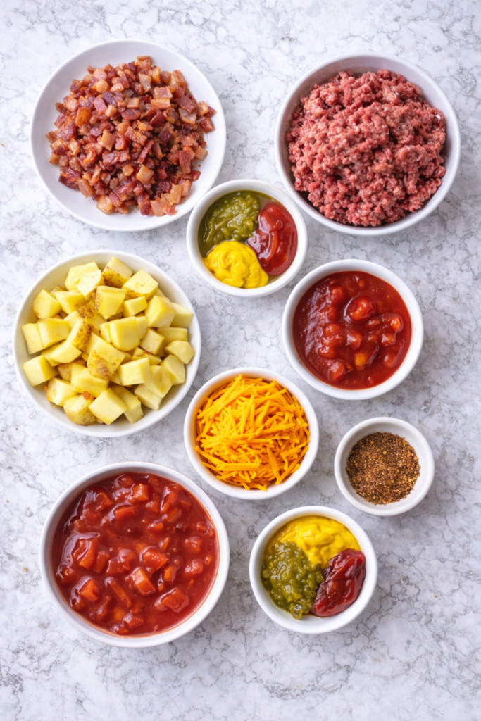 Flat lay of bacon cheeseburger soup ingredients in white bowls on a marble surface