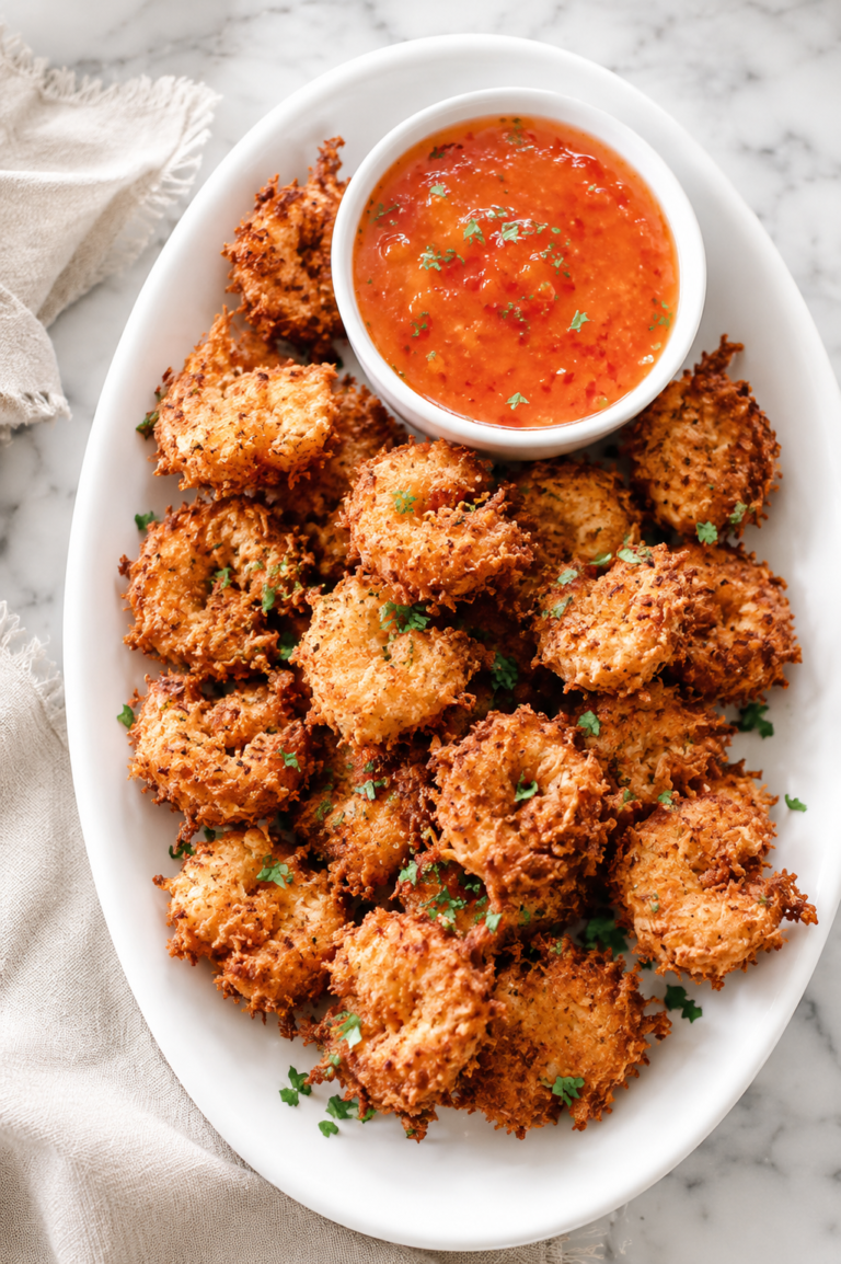 Crispy homemade coconut fried shrimp served on a white platter with sweet chili apricot dipping sauce.