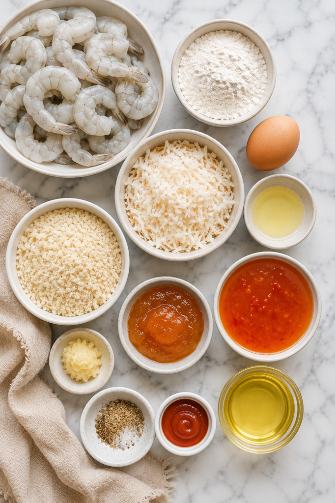 Flat lay of ingredients for homemade coconut fried shrimp including raw shrimp, shredded coconut, panko breadcrumbs, flour, egg, seafood seasoning, canola oil, apricot preserves, sweet Thai chili sauce, horseradish, and Sriracha on a marble countertop.