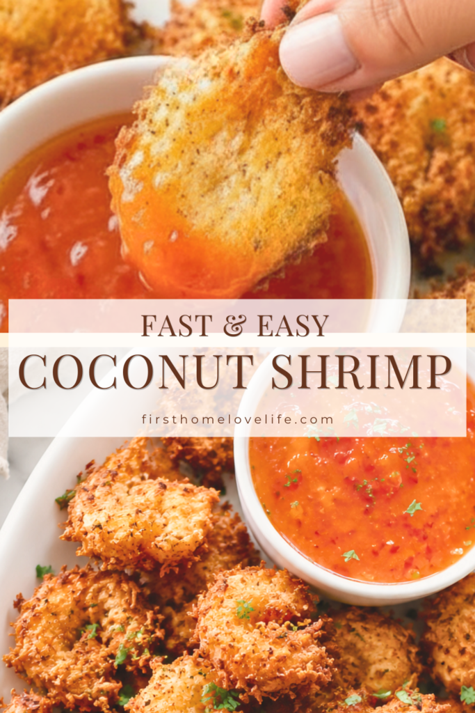 Hand dipping crispy homemade coconut fried shrimp into sweet chili apricot dipping sauce on a white platter.