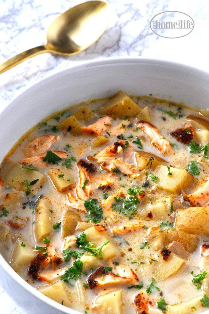 smoked salmon and potato chowder via firsthomelovelife.com